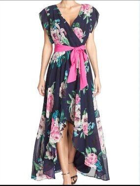 Eliza J Floral Navy Dress with Removable Hot Pink Belt or Bow